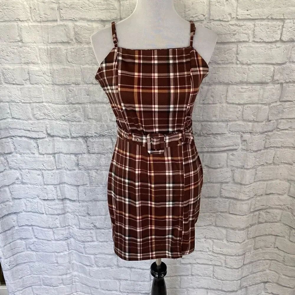 Jolie & Joy by FCT with Love women L brown plaid bodycon spaghetti strap dress